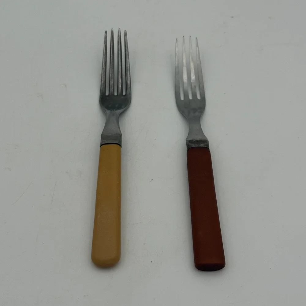 Vintage Possible Bakelite Dinner Forks Stainless Steel Yellow Brown Retro Pair